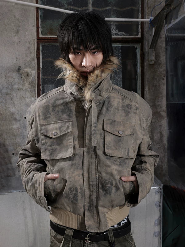 Camouflage Short Jacket with Removable Fur Collar 1