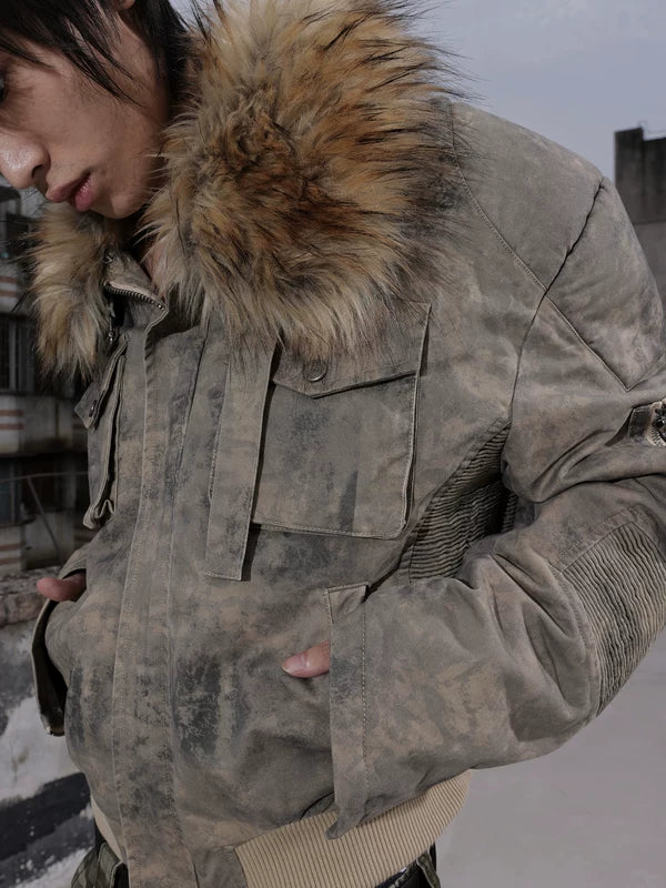 Camouflage Short Jacket with Removable Fur Collar 2