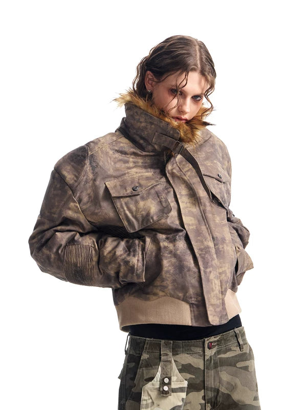 Camouflage Short Jacket with Removable Fur Collar 3