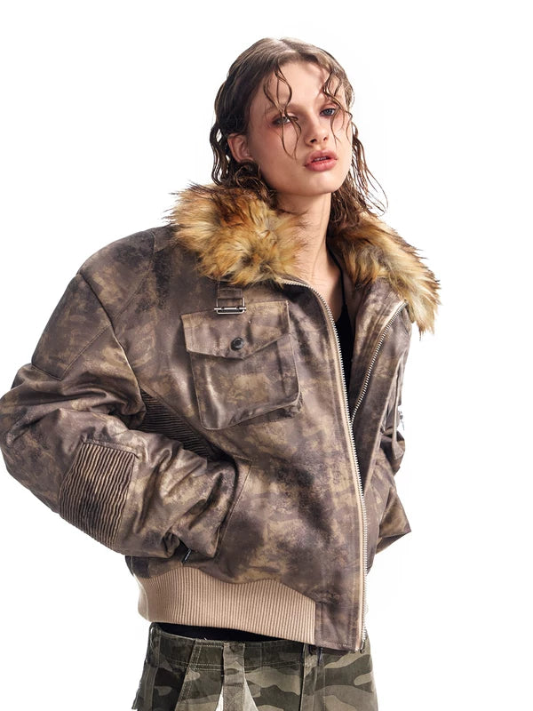 Camouflage Short Jacket with Removable Fur Collar 4