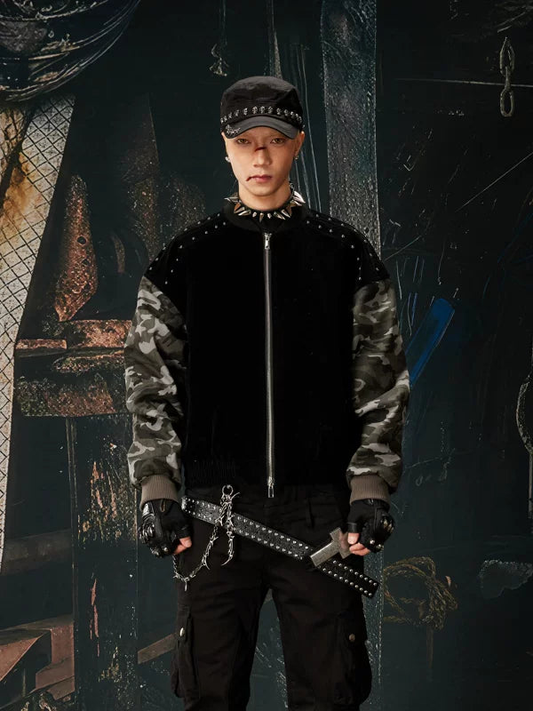 ,6182459342477,6182459342478,6182459342479, Camouflage Sleeve Studded Zip-Up Bomber Jacket