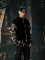 Camouflage Sleeve Studded Zip-Up Bomber Jacket 2