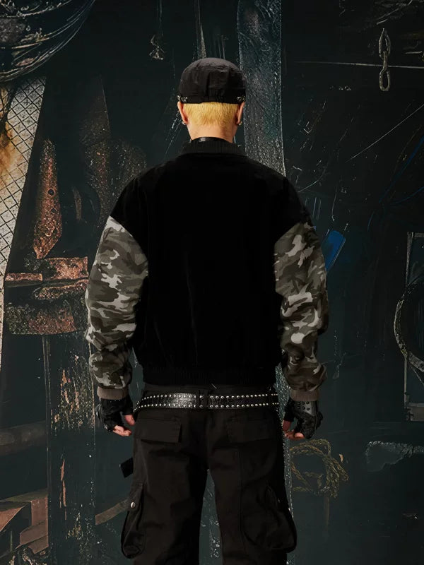 Camouflage Sleeve Studded Zip-Up Bomber Jacket 3