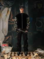 Camouflage Sleeve Studded Zip-Up Bomber Jacket 4