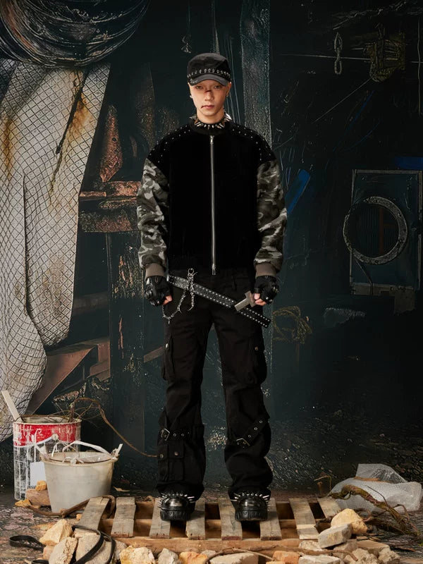 Camouflage Sleeve Studded Zip-Up Bomber Jacket 4