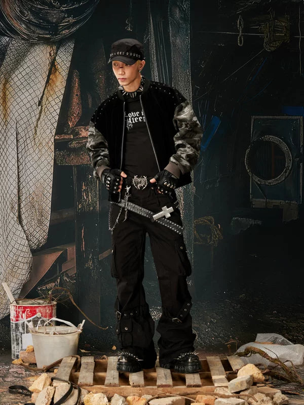 Camouflage Sleeve Studded Zip-Up Bomber Jacket 5