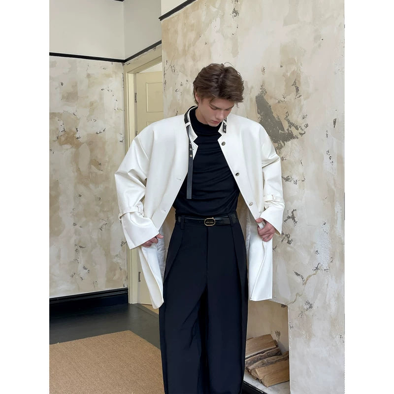 Cape-Style Belted Coat with Round Neck 4