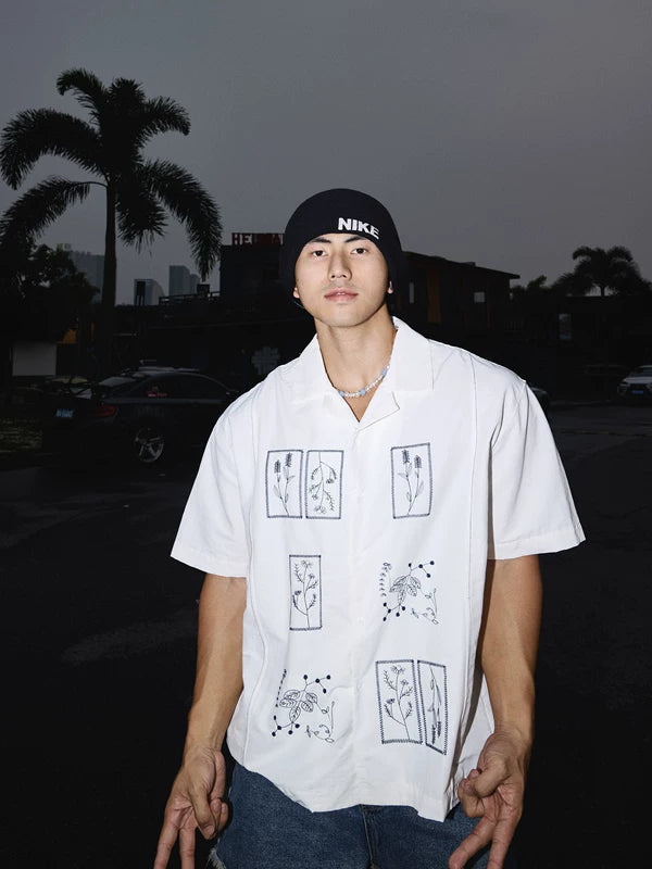 Casual Floral Embroidery Short Sleeve Shirt 1