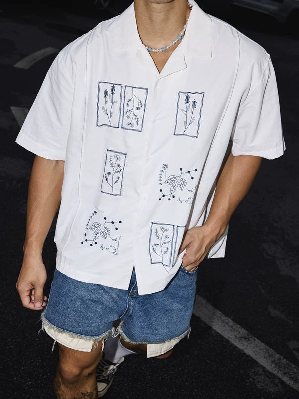 Casual Floral Embroidery Short Sleeve Shirt 3