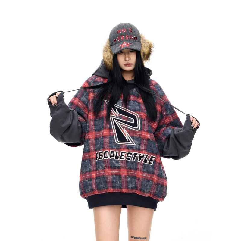 5663869645231,5663869645232,5663869645233, Checkered Fleece Oversized Hooded Sweatshirt