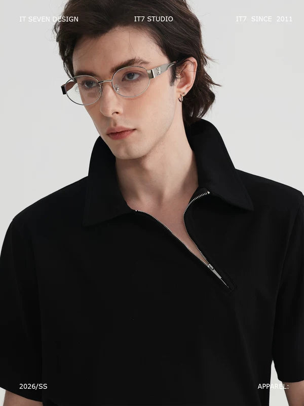 Collared Cotton T-Shirt With Diagonal Zipper 1