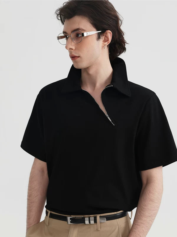 ,6208634347191,6208634347192,6208634347193, Collared Cotton T-Shirt With Diagonal Zipper
