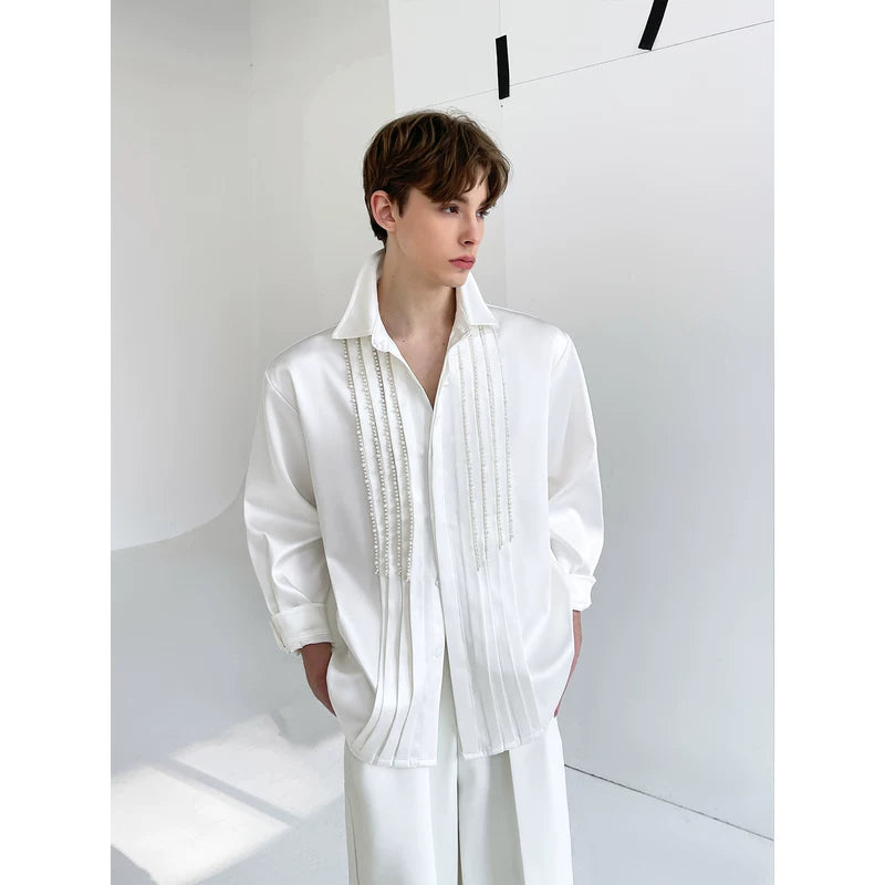 Collared Satin Shirt with Beaded Front 4