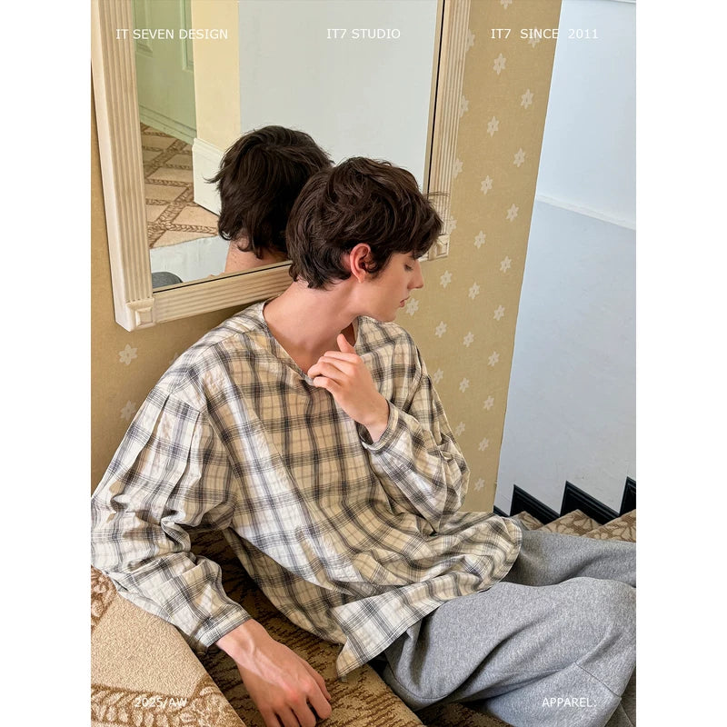 Collarless Checkered Oversized Long Sleeve Shirt 1