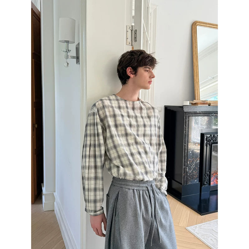 Collarless Checkered Oversized Long Sleeve Shirt 2