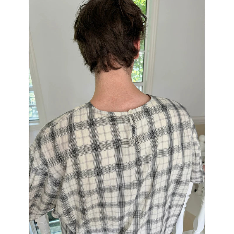 Collarless Checkered Oversized Long Sleeve Shirt 4