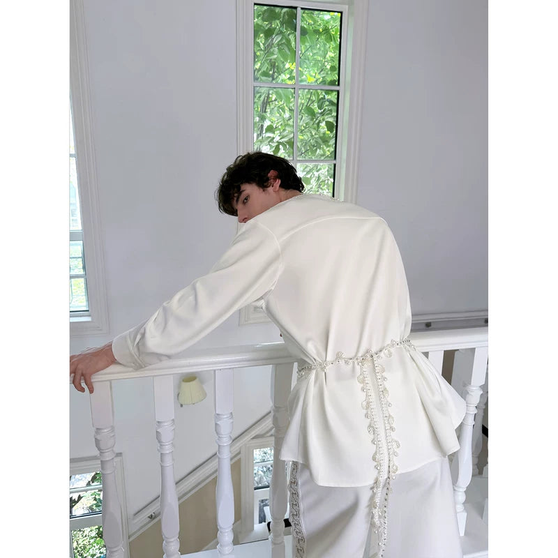 Collarless Deep V-Neck Fringe Shirt 2