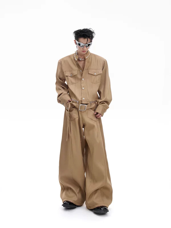 Collarless Denim Suit with Wide Pants 1