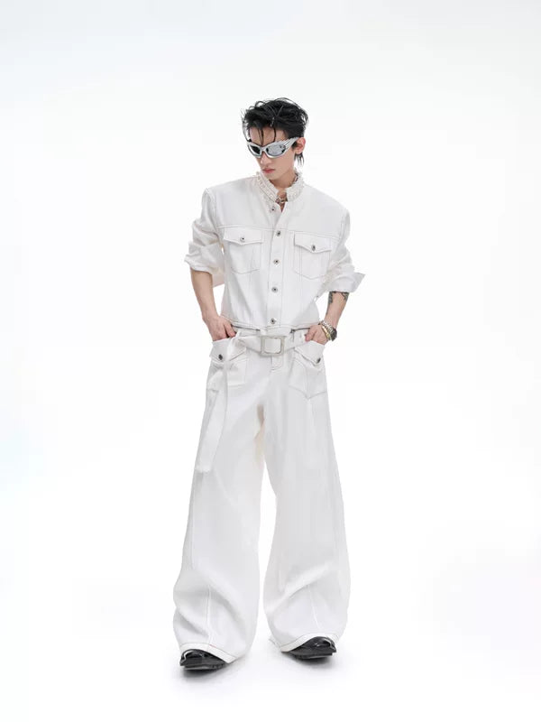 Collarless Denim Suit with Wide Pants 2