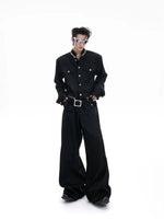 Collarless Denim Suit with Wide Pants 4
