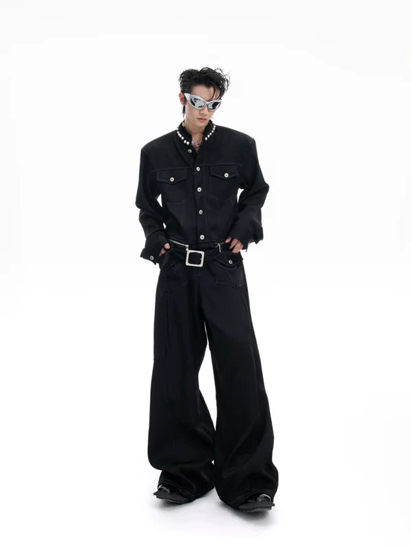 Collarless Denim Suit with Wide Pants 4