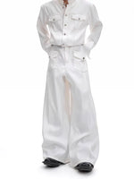 Collarless Denim Suit with Wide Pants 5