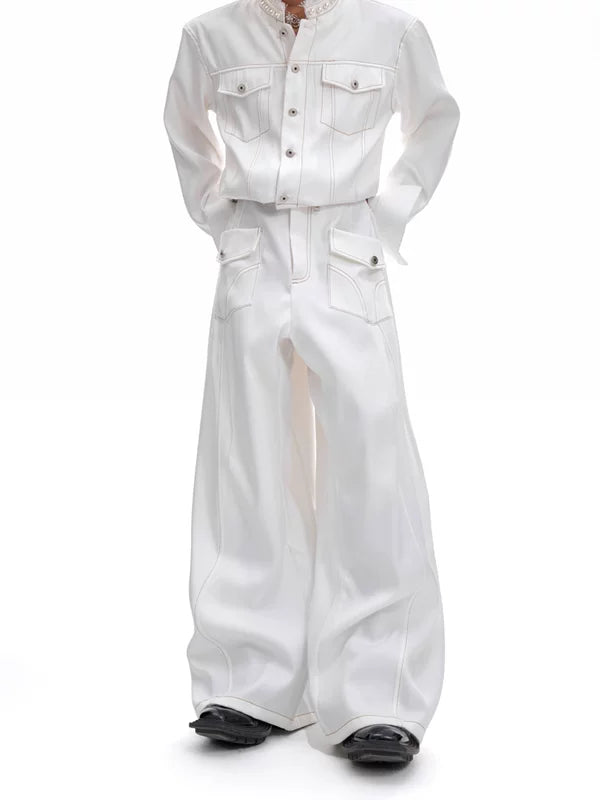 Collarless Denim Suit with Wide Pants 5