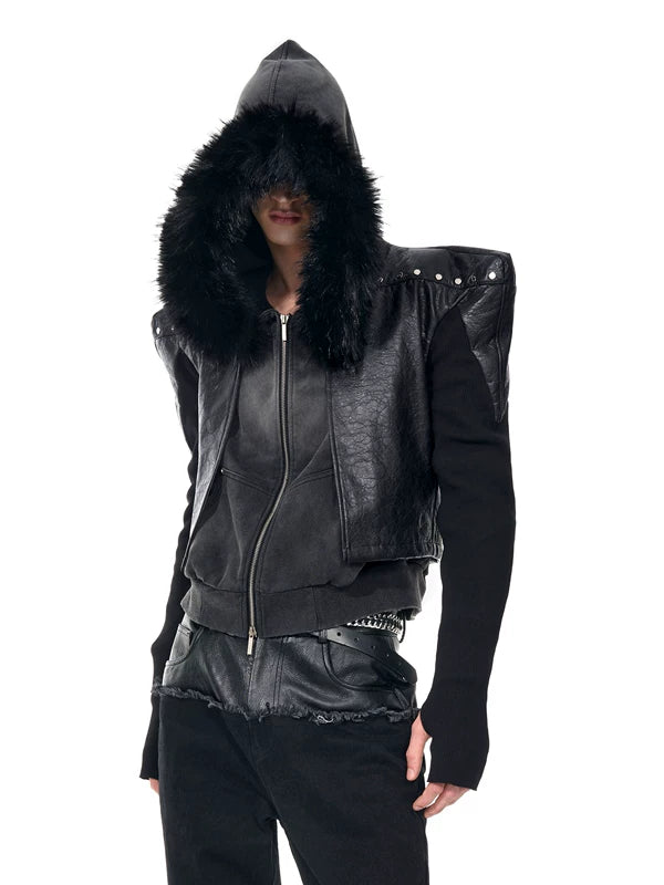 Collarless Knitted Patchwork Leather Jacket 3