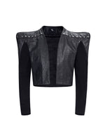 Collarless Knitted Patchwork Leather Jacket 5