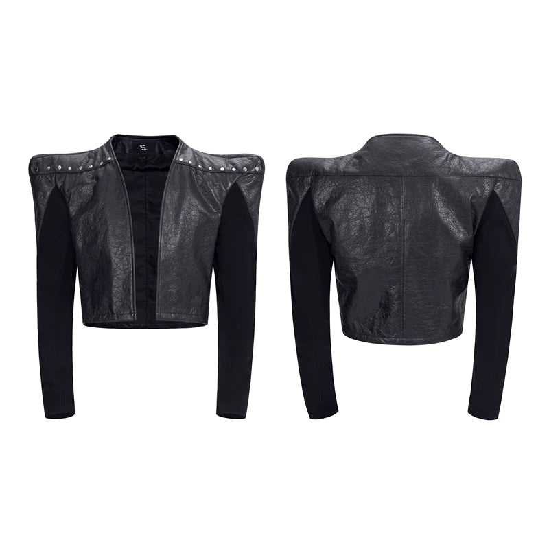 6053576642142,6053576642143,6053576642144, Collarless Knitted Patchwork Leather Jacket
