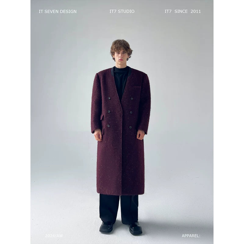 Collarless Long Double-Breasted Overcoat 1