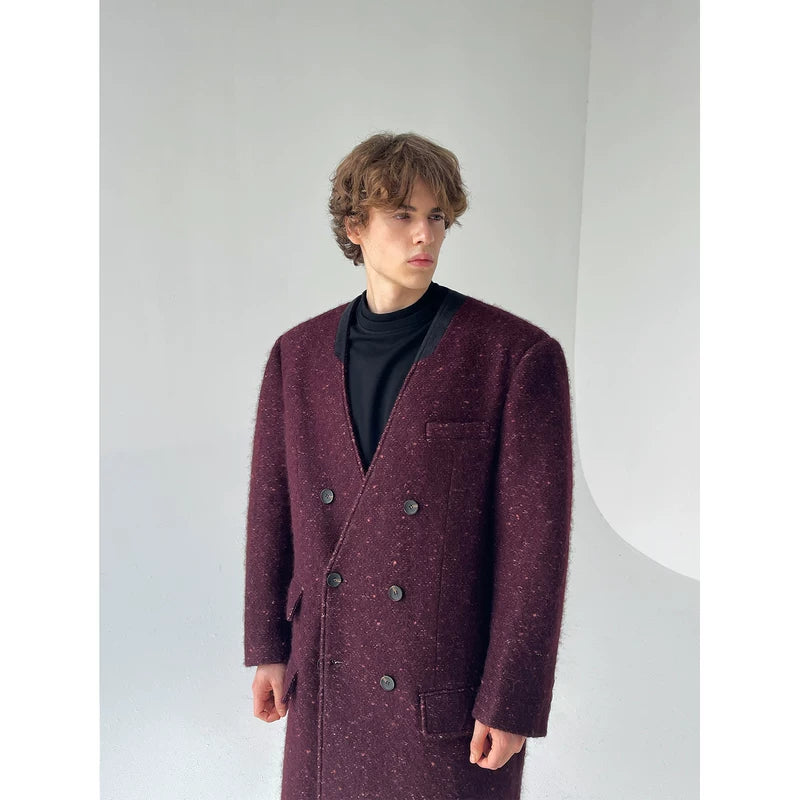 Collarless Long Double-Breasted Overcoat 3
