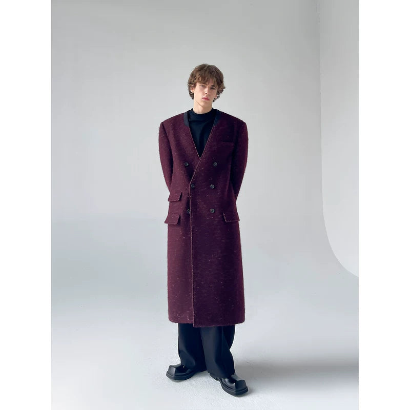 Collarless Long Double-Breasted Overcoat 4