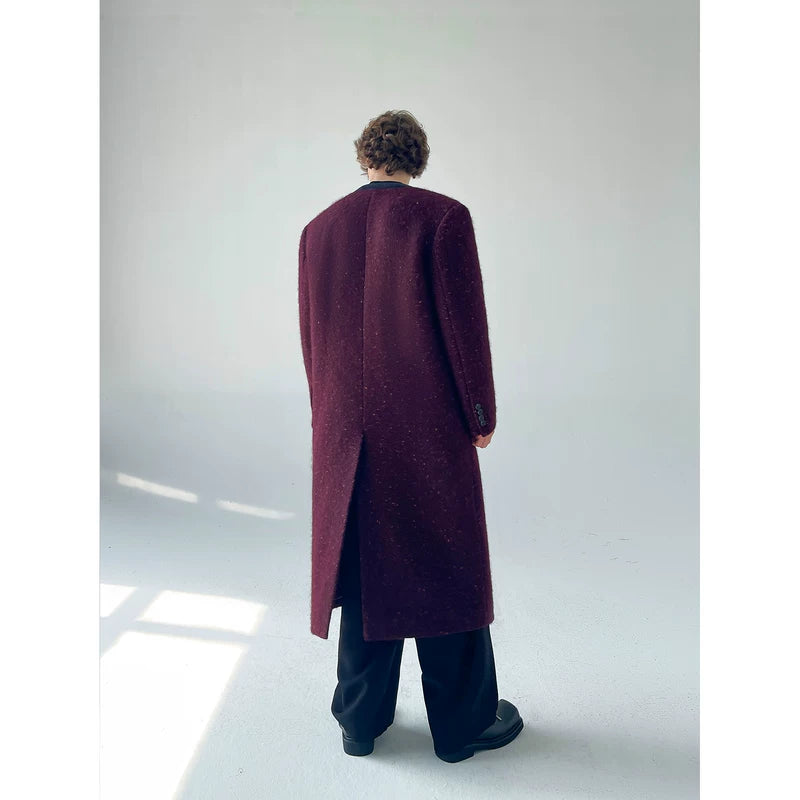 Collarless Long Double-Breasted Overcoat 5