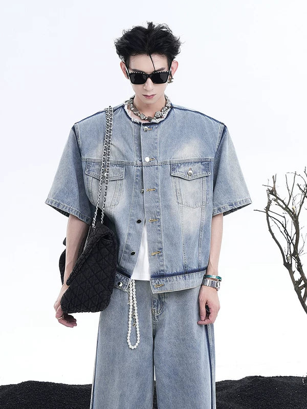 Collarless Short-Sleeved Frayed Denim Jacket 2