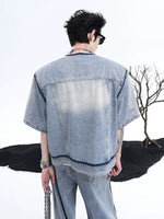 Collarless Short-Sleeved Frayed Denim Jacket 3