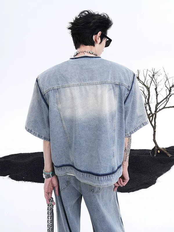 Collarless Short-Sleeved Frayed Denim Jacket 3