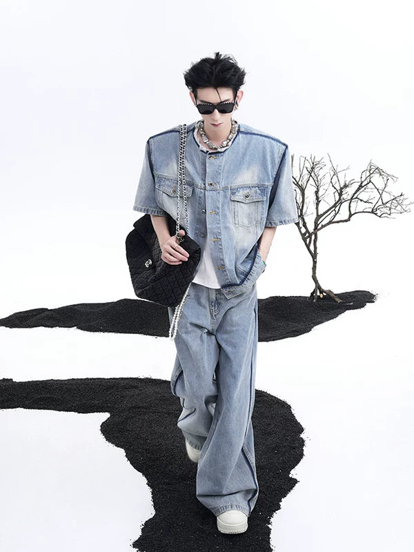 Collarless Short-Sleeved Frayed Denim Jacket 4