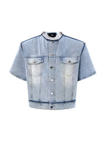 Collarless Short-Sleeved Frayed Denim Jacket 5