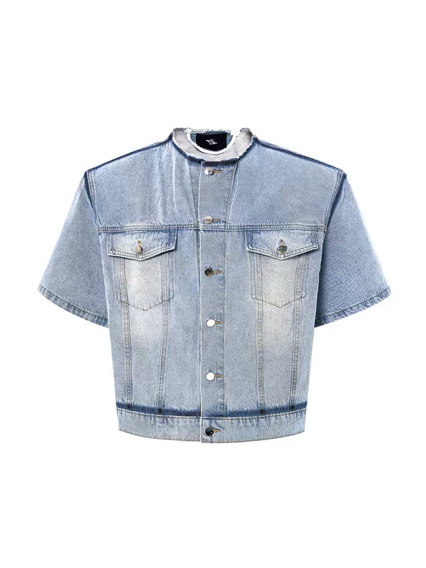 Collarless Short-Sleeved Frayed Denim Jacket 5