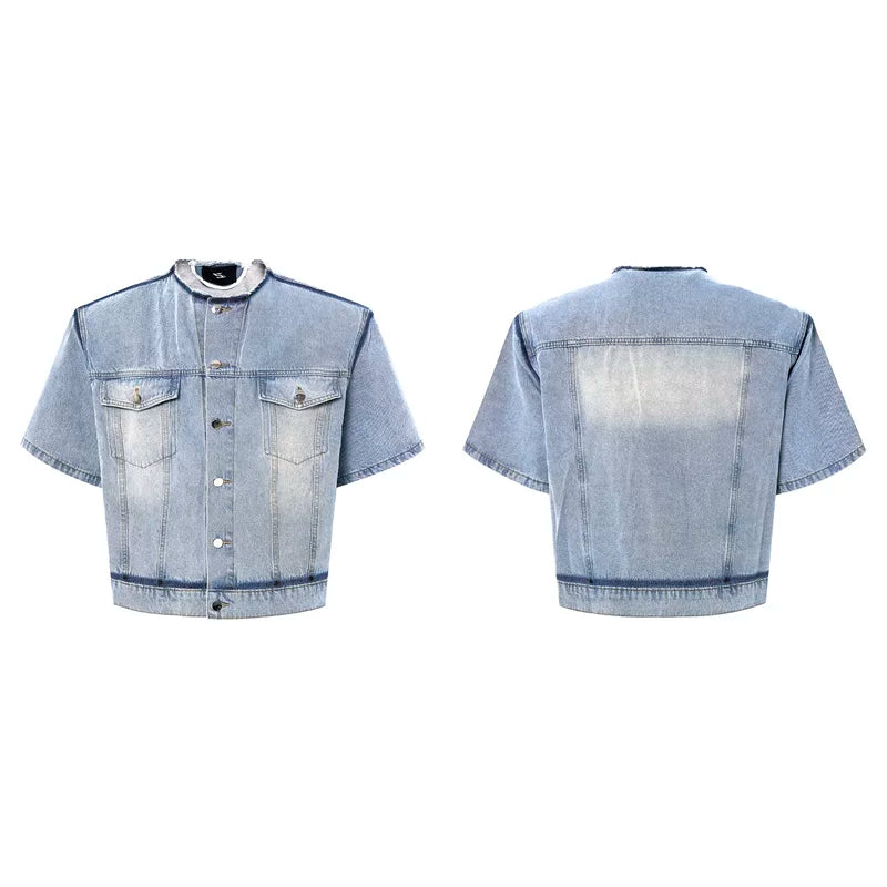5592279055922,5592279055924,5592279055926,5592279055928, Collarless Short-Sleeved Frayed Denim Jacket