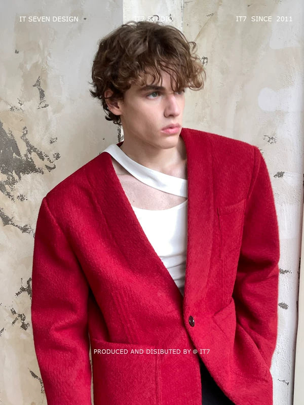 Collarless Single-Breasted Textured Blazer 1