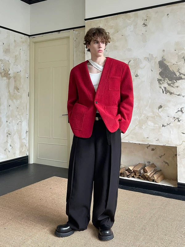 Collarless Single-Breasted Textured Blazer 2