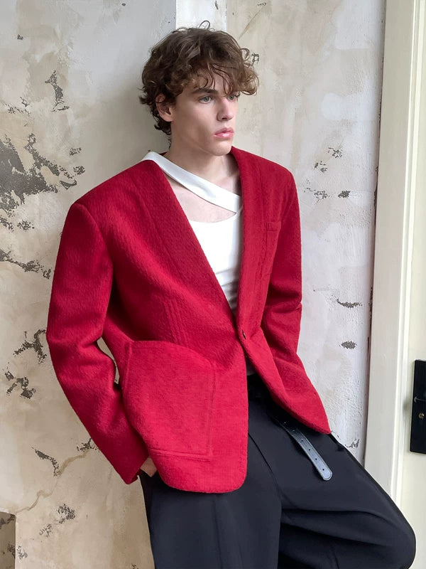 Collarless Single-Breasted Textured Blazer 3