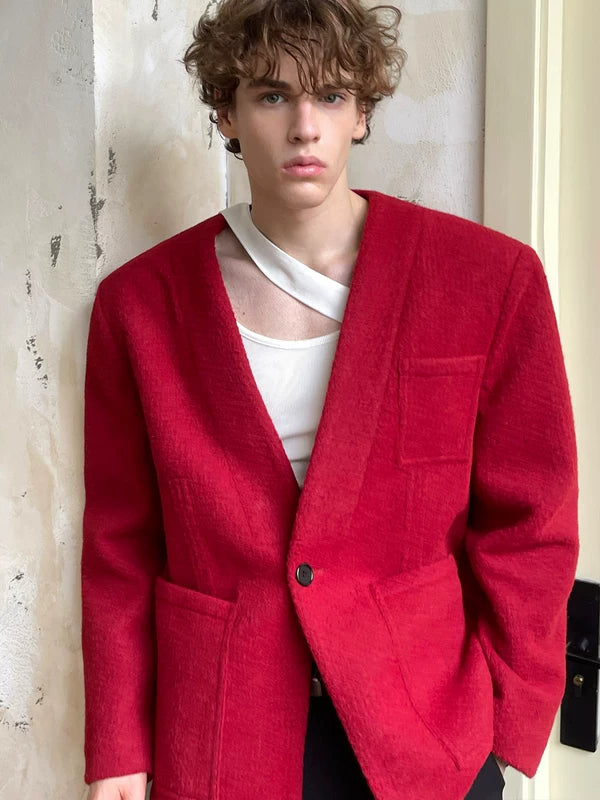 Collarless Single-Breasted Textured Blazer 4