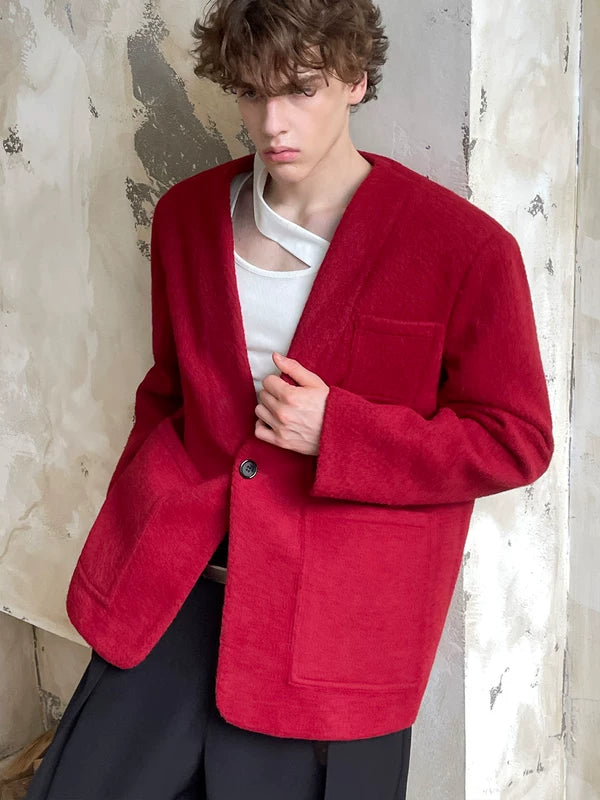 Collarless Single-Breasted Textured Blazer 5