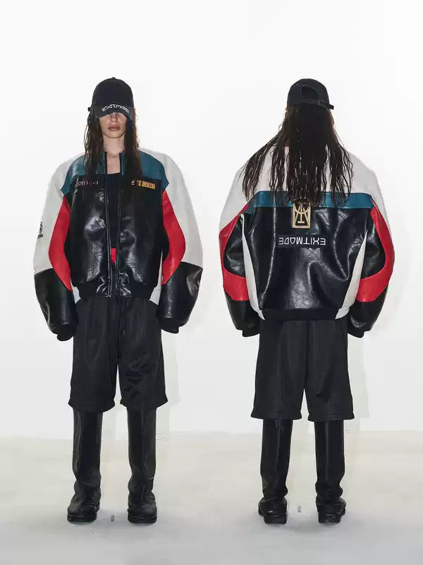 Colorblock Embroidered Oversized Motorcycle Jacket 1