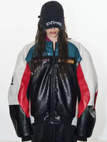 Colorblock Embroidered Oversized Motorcycle Jacket 2