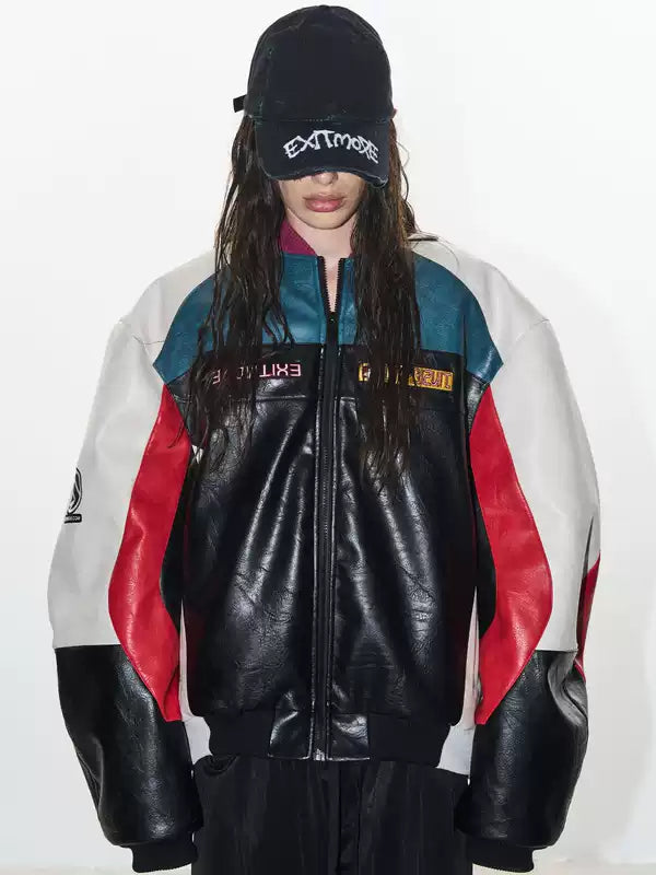 Colorblock Embroidered Oversized Motorcycle Jacket 2