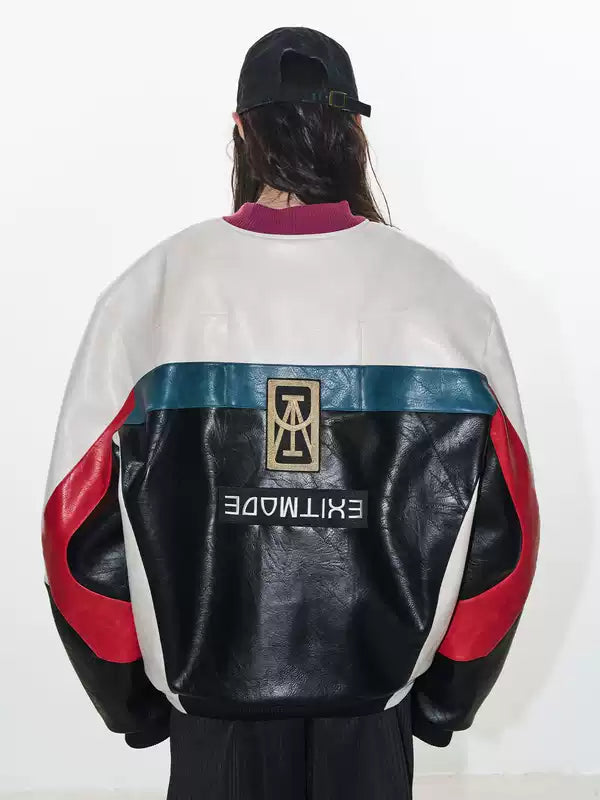 Colorblock Embroidered Oversized Motorcycle Jacket 3